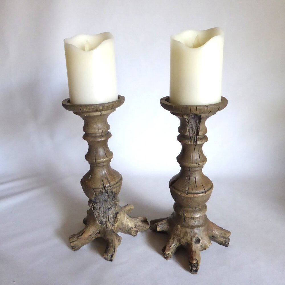 NEW 11” FAUX WOOD BRANCH ROOT CANDLE HOLDER SET GOTHIC HALLOWEEN ODDITY RUSTIC